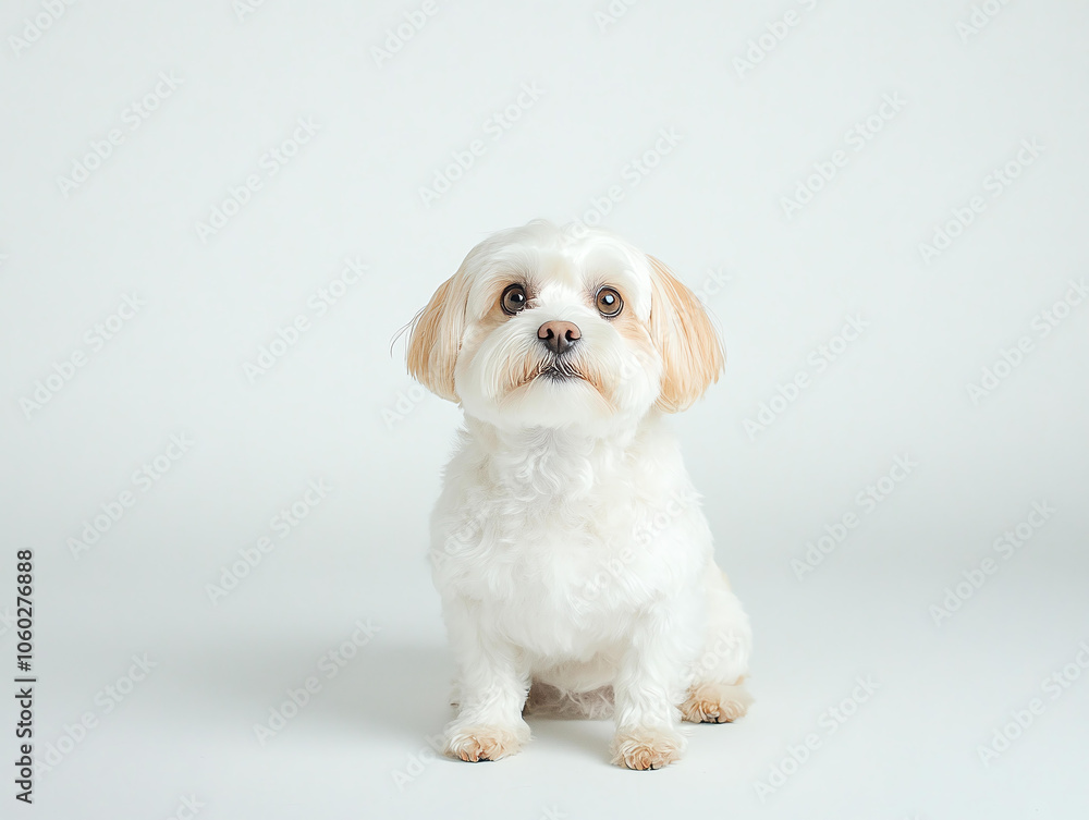 Fluffy white dog with light brown ears sitting on white background, looking curiously. This adorable pet exudes charm and warmth, perfect for any animal lover