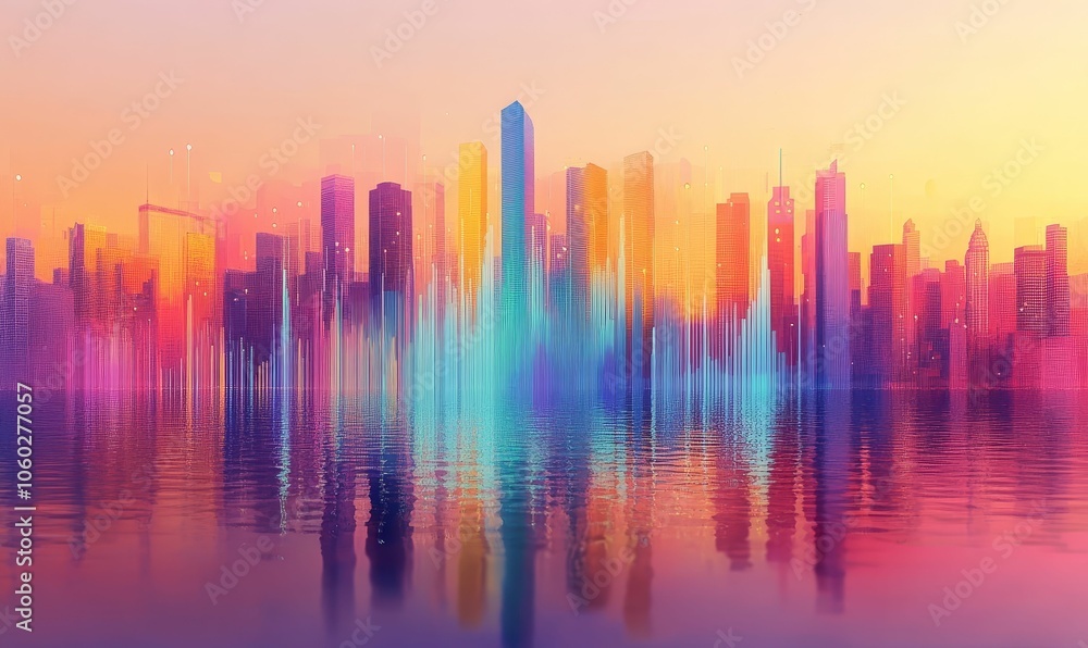 Fototapeta premium Colorful cityscape reflecting in water.