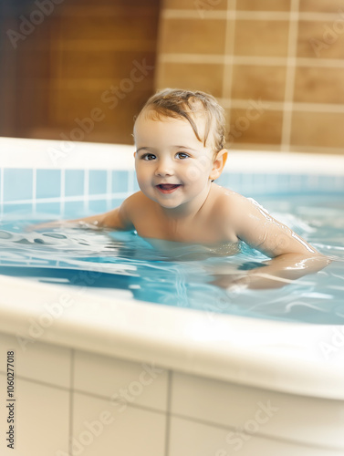 A cheerful young child lean...