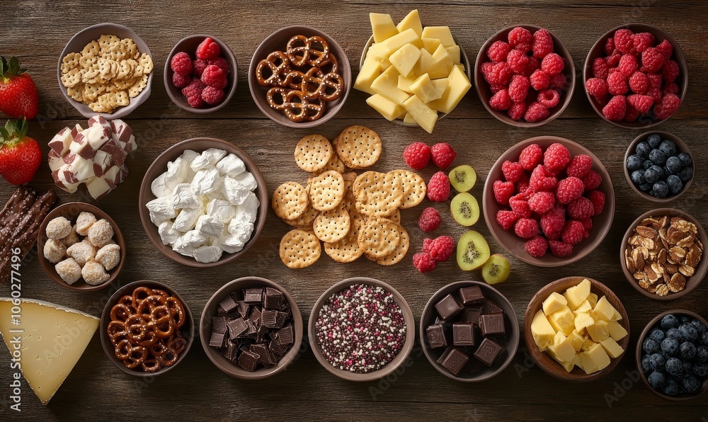 Assorted snacks in bowls on wooden surface. Assorted snacks in bowls on wooden surface.
