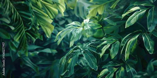 This is an image of a dense and lush tropical jungle with vibrant green foliage. The scene captures the diverse plant life and the richness of a forest habitat, possibly in a rainforest environment.