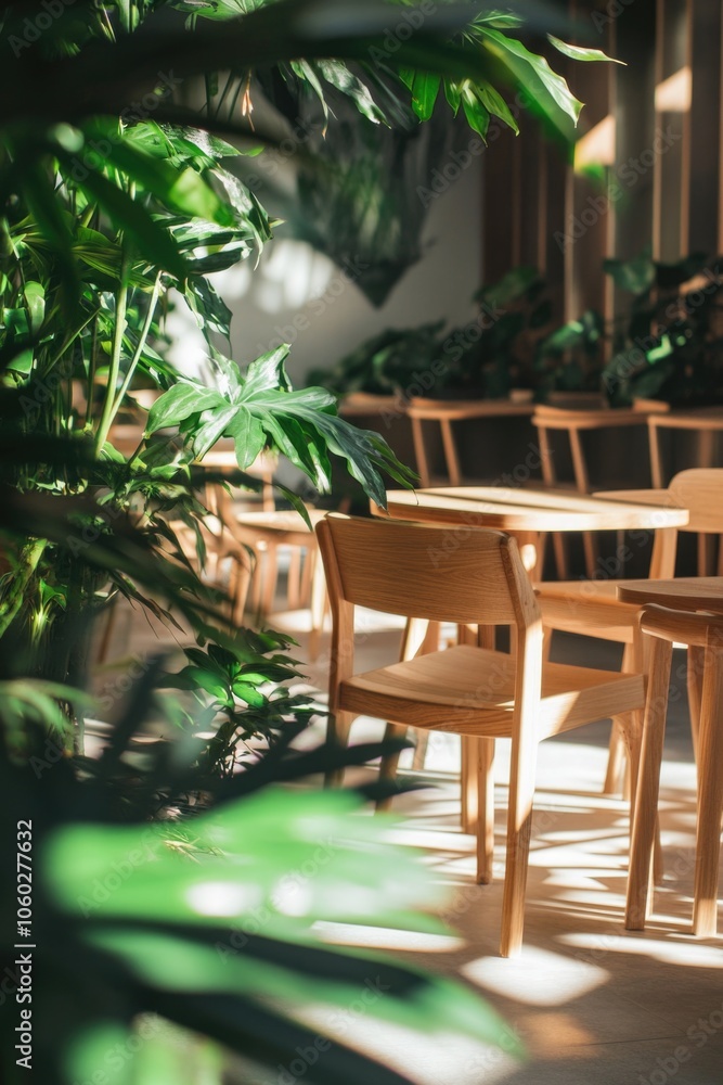 A room with natural light, featuring wooden chairs and large potted plants. A room with natural light, featuring wooden chairs and large potted plants.