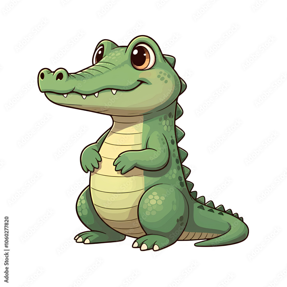Fototapeta premium A cheerful cartoon crocodile with big eyes and a playful smile, standing with tiny hands by its side.