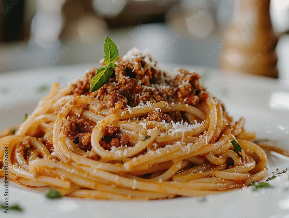 Pasta dish with tomato and meatball sauce, garnished with basil leaf and grated cheese. Pasta dish with tomato and meatball sauce, garnished with basil leaf and grated cheese.