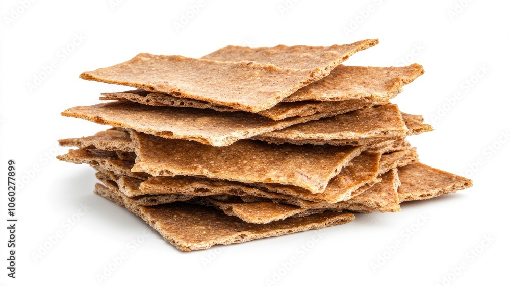 A delightful stack of whole grain crisp bread crackers resting on a bright white background, ready for snacking or serving at any time A delightful stack of whole grain crisp bread crackers resting on a bright white background, ready for snacking or serving at any time