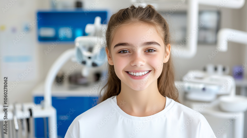 Fototapeta premium A young woman smiling with perfectly aligned, white teeth after a dental treatment. 