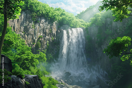 Generative ai on theme of beautiful majestic waterfall in natural nature, national park attraction