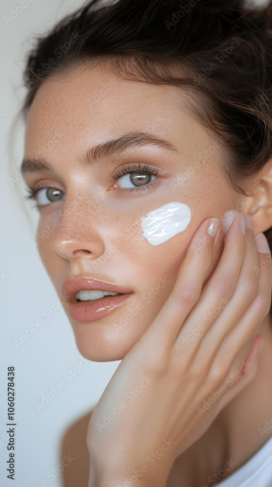 portrait of a woman applying cream on face portrait of a woman applying cream on face
