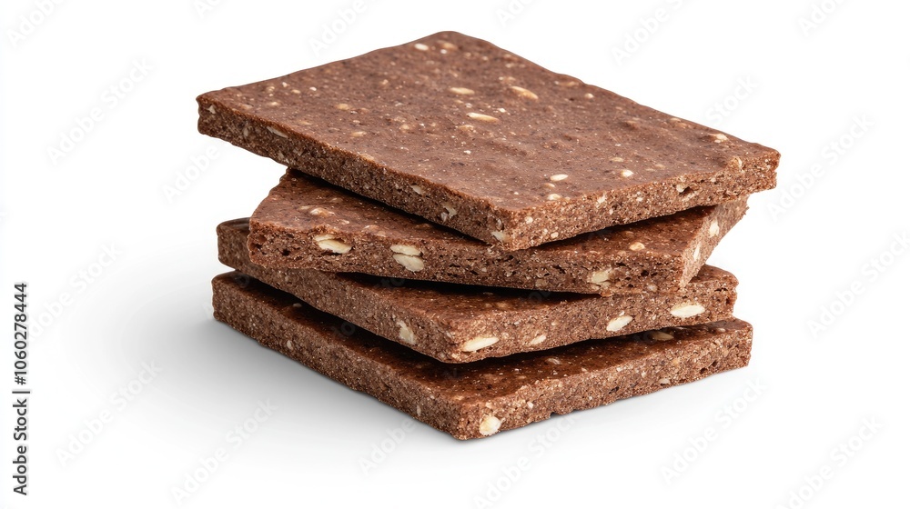 A detailed capture of a stack of whole grain crisp bread crackers against a pure white background, showcasing their texture and wholesome appeal A detailed capture of a stack of whole grain crisp bread crackers against a pure white background, showcasing their texture and wholesome appeal