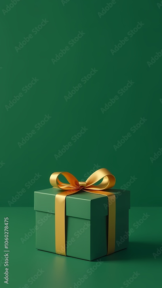 Green gift with a golden bow, on a green background, space for text Green gift with a golden bow, on a green background, space for text