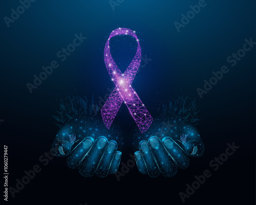 Two human hands are holds purple ribbon awareness. Wireframe glowing low poly. Bladder cancer, Alzheimers, Cystic Fibrosis, Lupus, Epilepsy, Domestic Violence concept