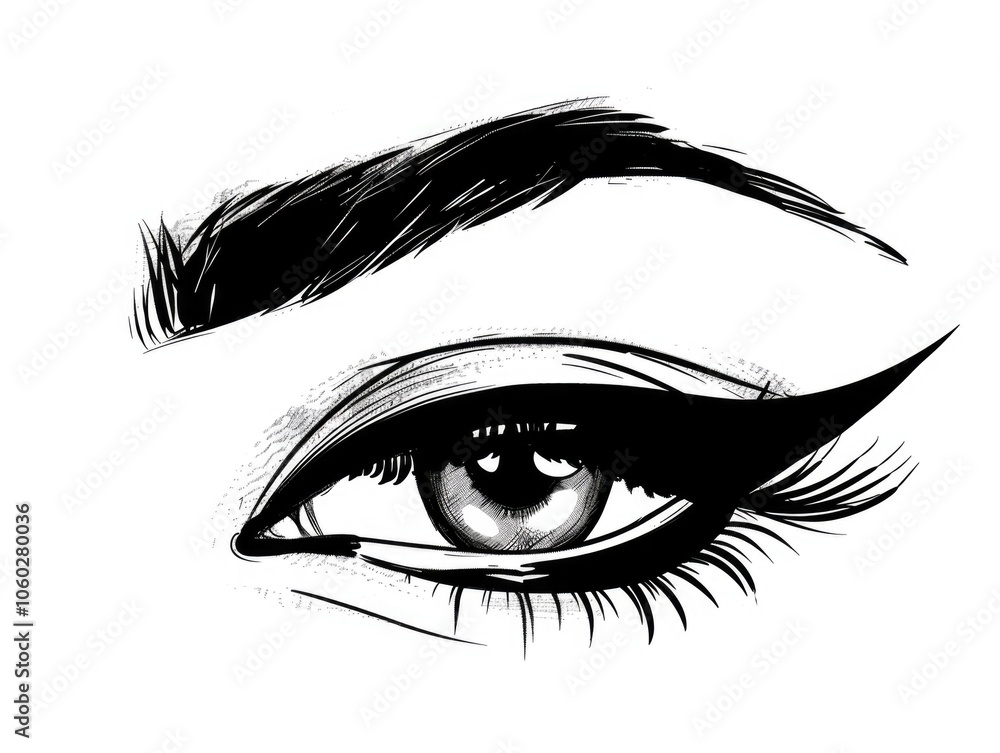 Fototapeta premium Close up of a woman's eye, focusing on eyeliner and eyelashes with an artistic illustration style.