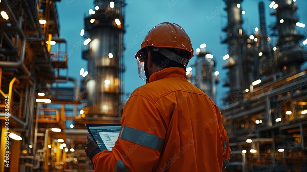 Dynamic Field Operator in Action: Captivating Oil Refinery Scene for Sports Interior Decor Poster - Vibrant Orange Jacket & High-Tech Equipment at Work! Dynamic Field Operator in Action: Captivating Oil Refinery Scene for Sports Interior Decor Poster - Vibrant Orange Jacket & High-Tech Equipment at Work!