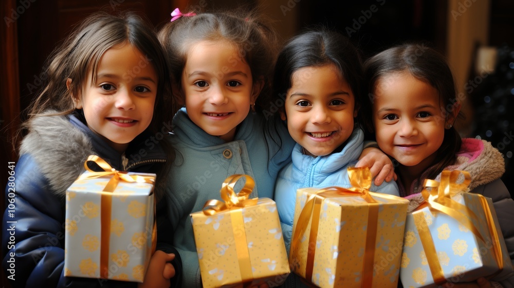 Joyful children unwrapping christmas presents in a festively decorated living room Joyful children unwrapping christmas presents in a festively decorated living room