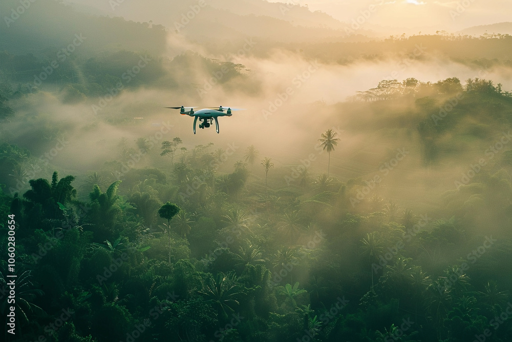 Fototapeta premium Drone flying in the sky over nature during observation