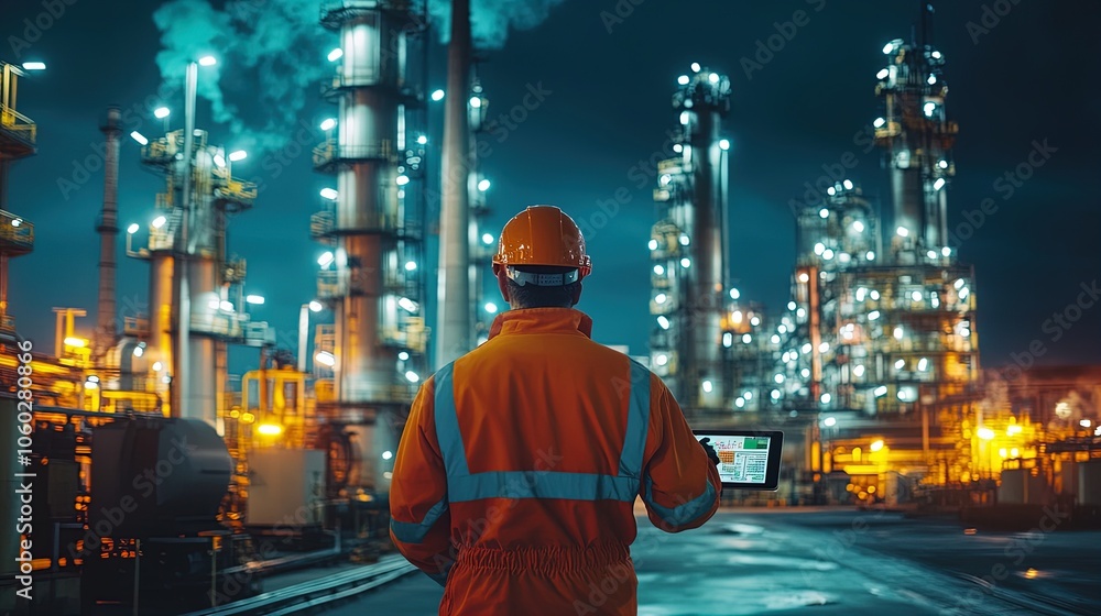 Dynamic Field Operator in Action: Captivating Oil Refinery Scene for Sports Interior Decor Poster - Vibrant Orange Jacket & High-Tech Equipment at Work! Dynamic Field Operator in Action: Captivating Oil Refinery Scene for Sports Interior Decor Poster - Vibrant Orange Jacket & High-Tech Equipment at Work!
