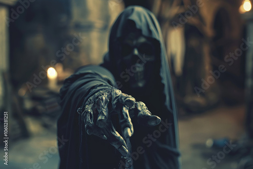 Scary grim reaper with scythe in hell on dark background with dramatic background