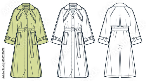 Trench Coat technical fashion Illustration. Raglan Sleeve Coat fashion flat technical drawing template, midi length, slits, pockets, front, back view, white, yellow, women, men, unisex CAD mockup set.