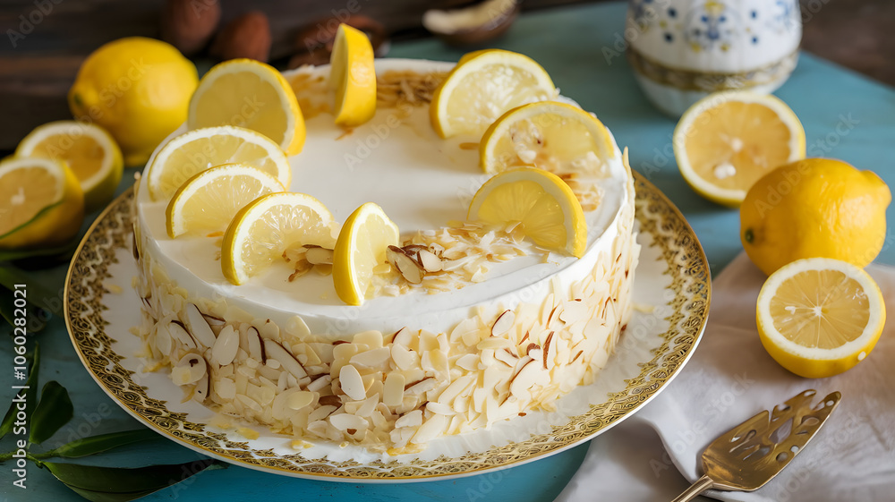 Lemon Almond Cake: A zesty cake made with lemon and almonds, elegantly presented on a decorative plate, garnished with lemon slices and almond flakes.

