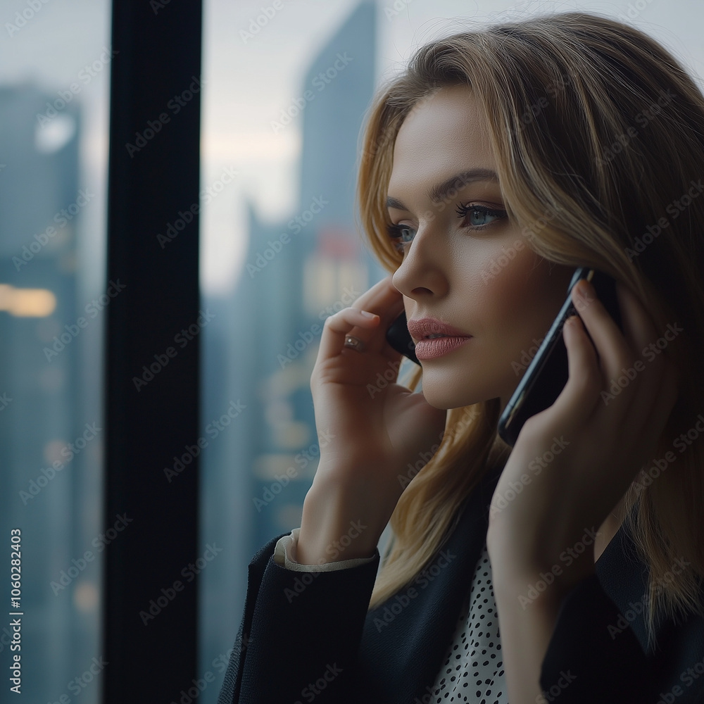 Confident Businesswoman on Phone Call with City Skyline Background, Reflecting Professionalism and Ambition Confident Businesswoman on Phone Call with City Skyline Background, Reflecting Professionalism and Ambition