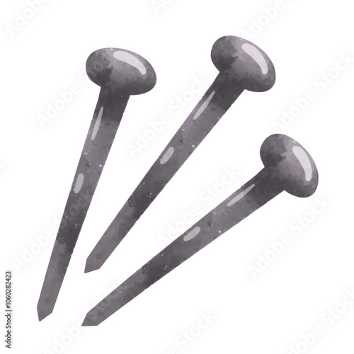 Metal nail vector illustration, iron nails clip art in hand drawn watercolor style