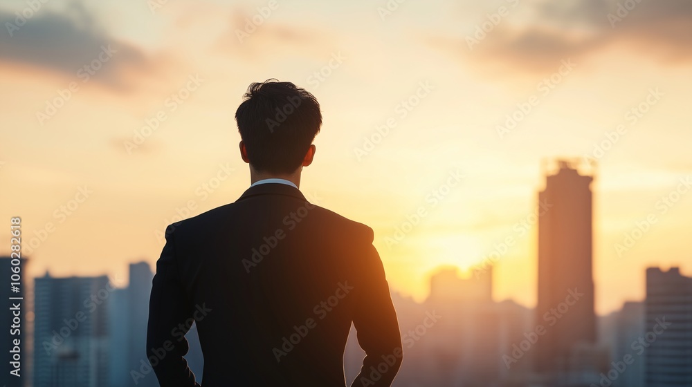 Fototapeta premium Business Leader Standing Against City Sunset
