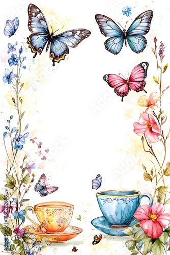 A whimsical garden of butterflies and teacups an artistic fusion of nature and delicate charm in watercolor illustrations