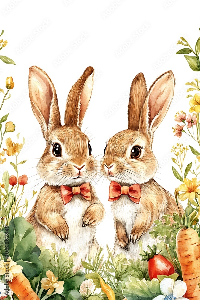 Obraz premium Charming bunny companions in bow ties surrounded by a vibrant floral garden perfect for spring celebrations and whimsical artistry