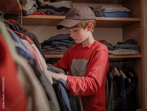 Little boy rummaging through closet full of various clothing items. photo