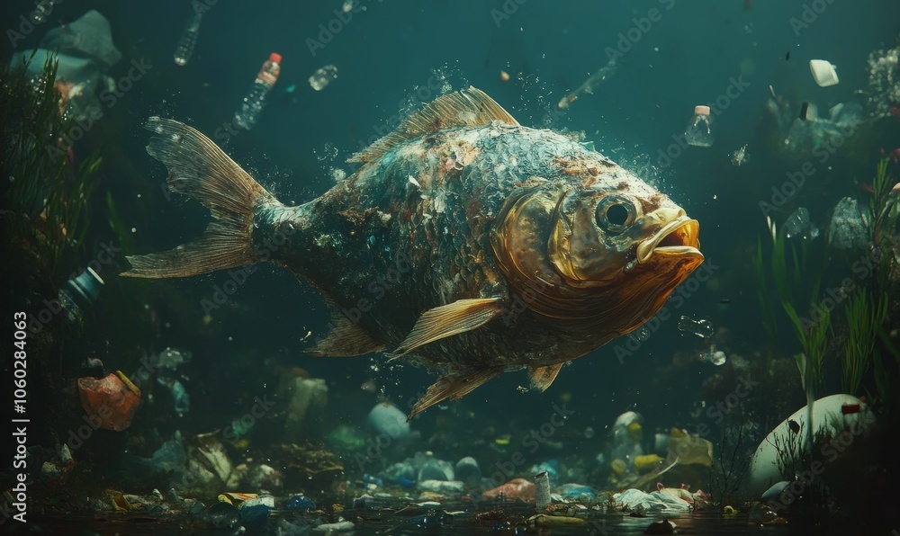 Obraz premium A fish trapped in plastic pollution.