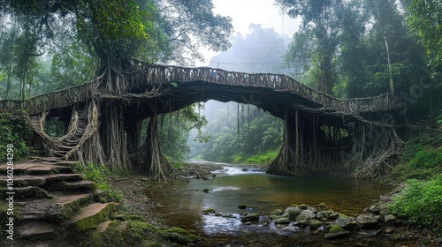 The enchanting living roots bridge near Riwai village, Cherrapunjee, Meghalaya, with intricate tree roots woven together to form a natural structure.