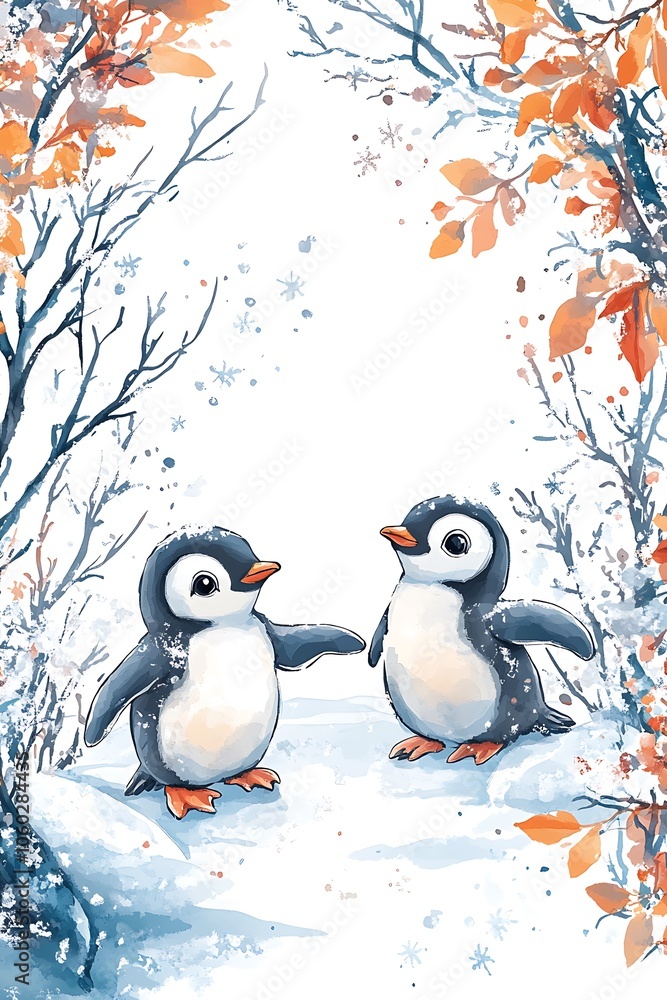 Fototapeta premium Adorable penguin pals enjoying a winter wonderland adventure in a snowy landscape filled with delicate snowflakes and autumn leaves