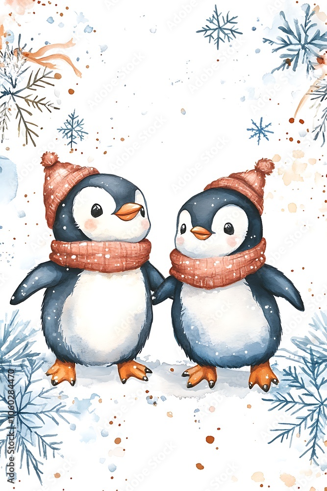 Fototapeta premium Charming winter scene featuring two adorable penguins in hats and scarves perfect for holiday themes and seasonal decor