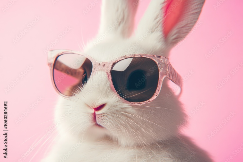 Fototapeta premium Playful Easter Bunny in Sunglasses Against Soft Pastel Pink