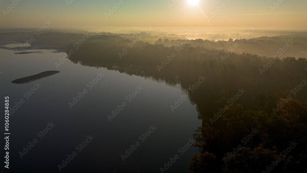 Fototapeta premium Milickie Ponds at sunrise, bird's eye view, Lower Silesian Voivodeship, Poland