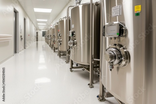 Industrial tanks line the hallway in a modern facility, showcasing precision engineering and cleanroom standards for optimal production efficiency photo