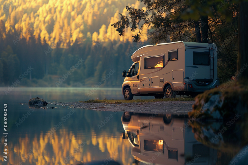 Holiday trip on large family motorhome for holiday in beautiful nature Holiday trip on large family motorhome for holiday in beautiful nature