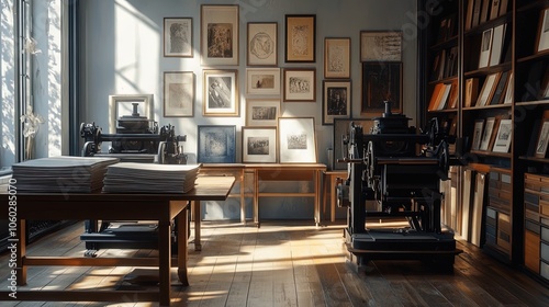 Vintage Printing Press Elegance: A Unique Wall Art Poster for Sports Interiors, Showcasing Historic Printing Techniques and Artistic Inspiration in Natural Light