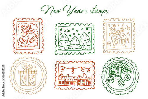 Hand-drawn Christmas stamps with colored outlines for stamps, stickers, stamps. For scrapbooking, rubber stamps, stickers, postmarks. Vector Christmas designs.