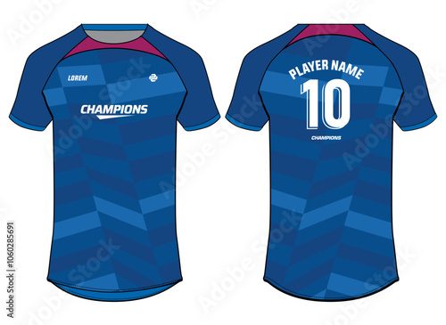 Sports jersey t shirt design flat sketch vector illustration, Abstract pattern Raglan Round neck tees football jersey concept with front and back view for Cricket, soccer, Volleyball, Rugby jersey kit