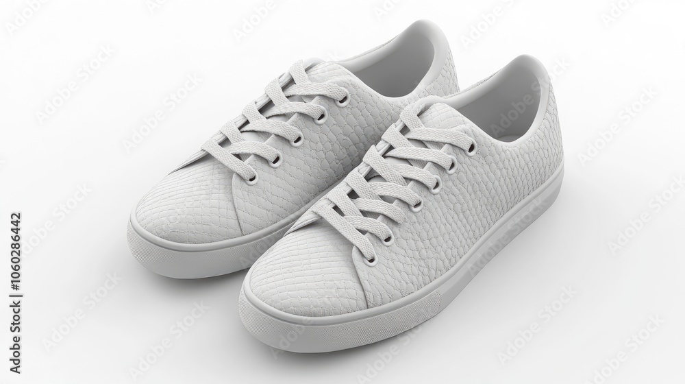 Soft 3D render of a pair of sneakers with detailed laces, lying flat on a white background. Soft 3D render of a pair of sneakers with detailed laces, lying flat on a white background.