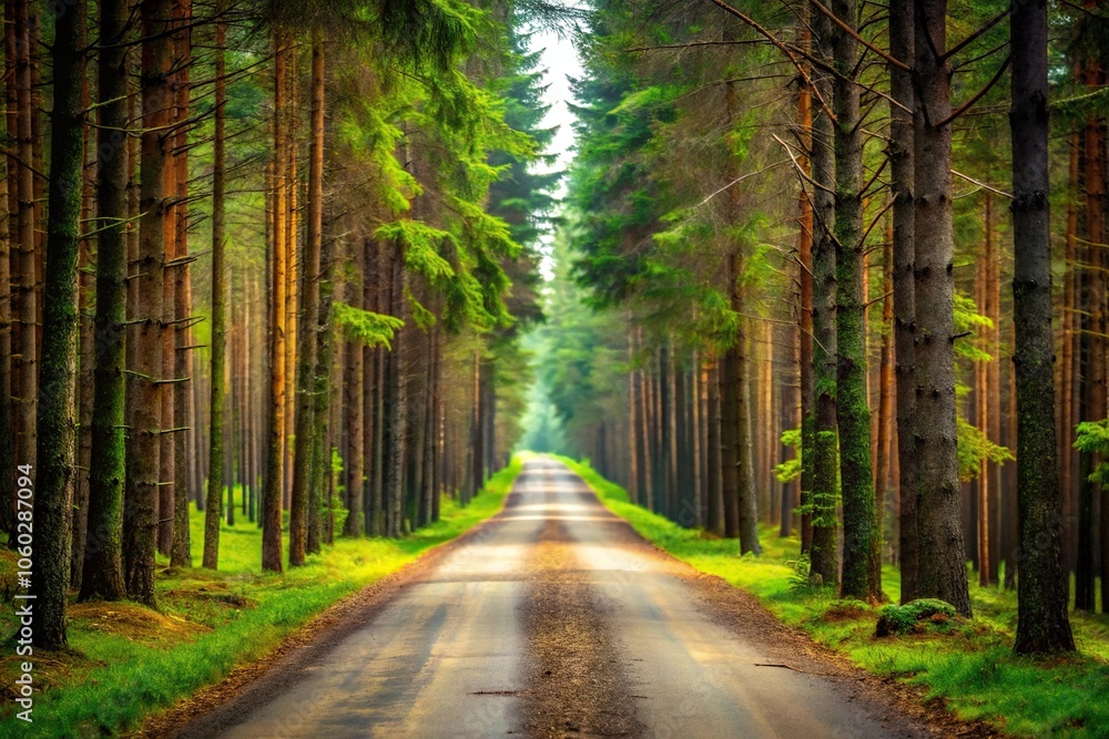 Fototapeta premium natural road through coniferous and deciduous forest background Macro
