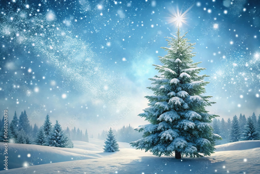 Pine tree in a winter wonderland scene with snowflakes gently falling around it, frosty atmosphere, frozen, snowfall Pine tree in a winter wonderland scene with snowflakes gently falling around it, frosty atmosphere, frozen, snowfall