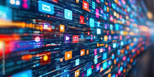 Digital media creates a colorful display. Media icons form a futuristic background. Technology enhances communication with innovative online apps. Modern interface highlights data and information.