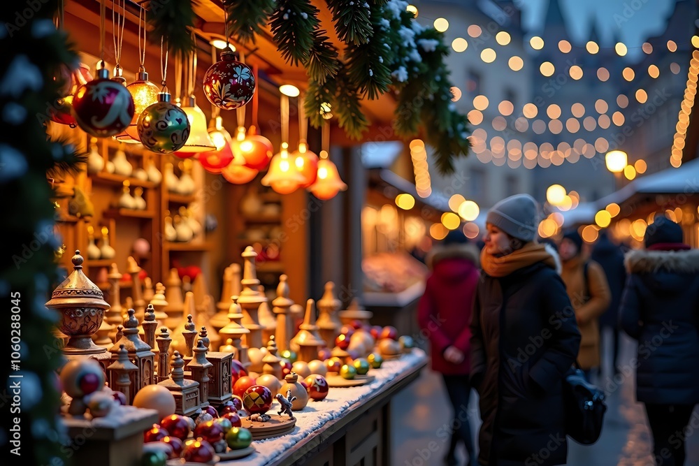 Obraz premium A festive Christmas market in Budapest with illuminated stalls selling traditional Hungarian decorations, glass trinkets and handmade wooden figurines.