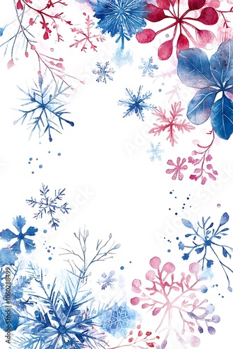 Beautiful watercolor illustration of snowflakes and floral patterns in blue and red perfect for winter and holiday themes