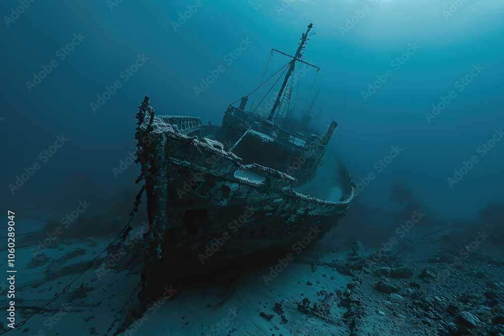 Underwater view of an sunken ship on seabed with fish swimming around Underwater view of an sunken ship on seabed with fish swimming around