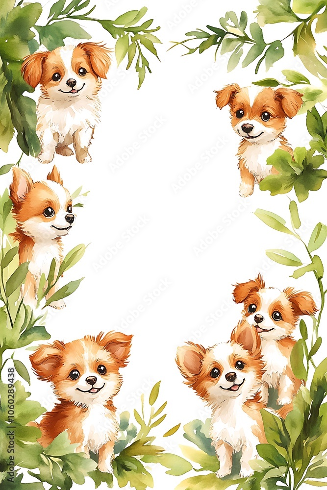 Obraz premium Adorable watercolor portraits of playful puppies surrounded by lush greenery perfect for animal lovers and dog enthusiasts