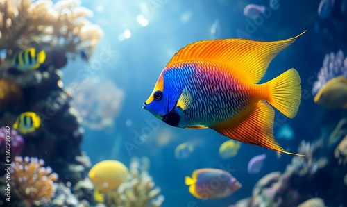 Colorful fish swimming in blue water.