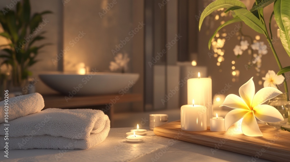 A close-up view of a spa treatment table with towels, lit candles, and a wooden tray. A close-up view of a spa treatment table with towels, lit candles, and a wooden tray.